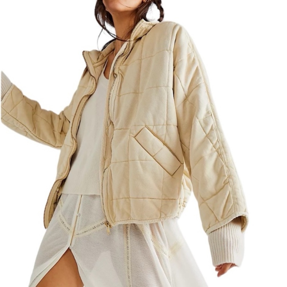Free People Beige Quilted Bomber Jacket